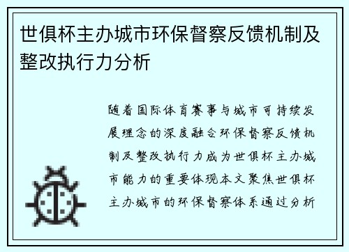 世俱杯主办城市环保督察反馈机制及整改执行力分析