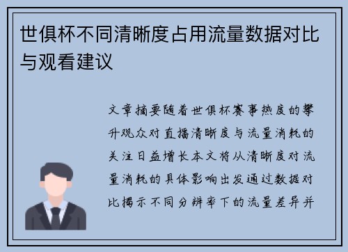 世俱杯不同清晰度占用流量数据对比与观看建议