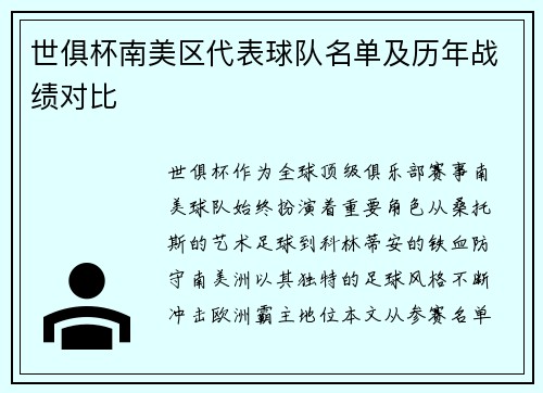 世俱杯南美区代表球队名单及历年战绩对比